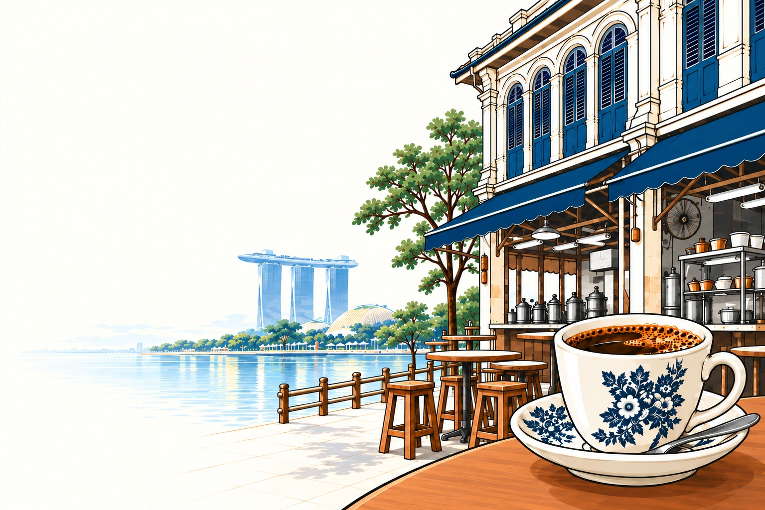 Illustration of a navy-awning heritage coffeeshop and a traditional floral kopi cup beside the Singapore waterfront